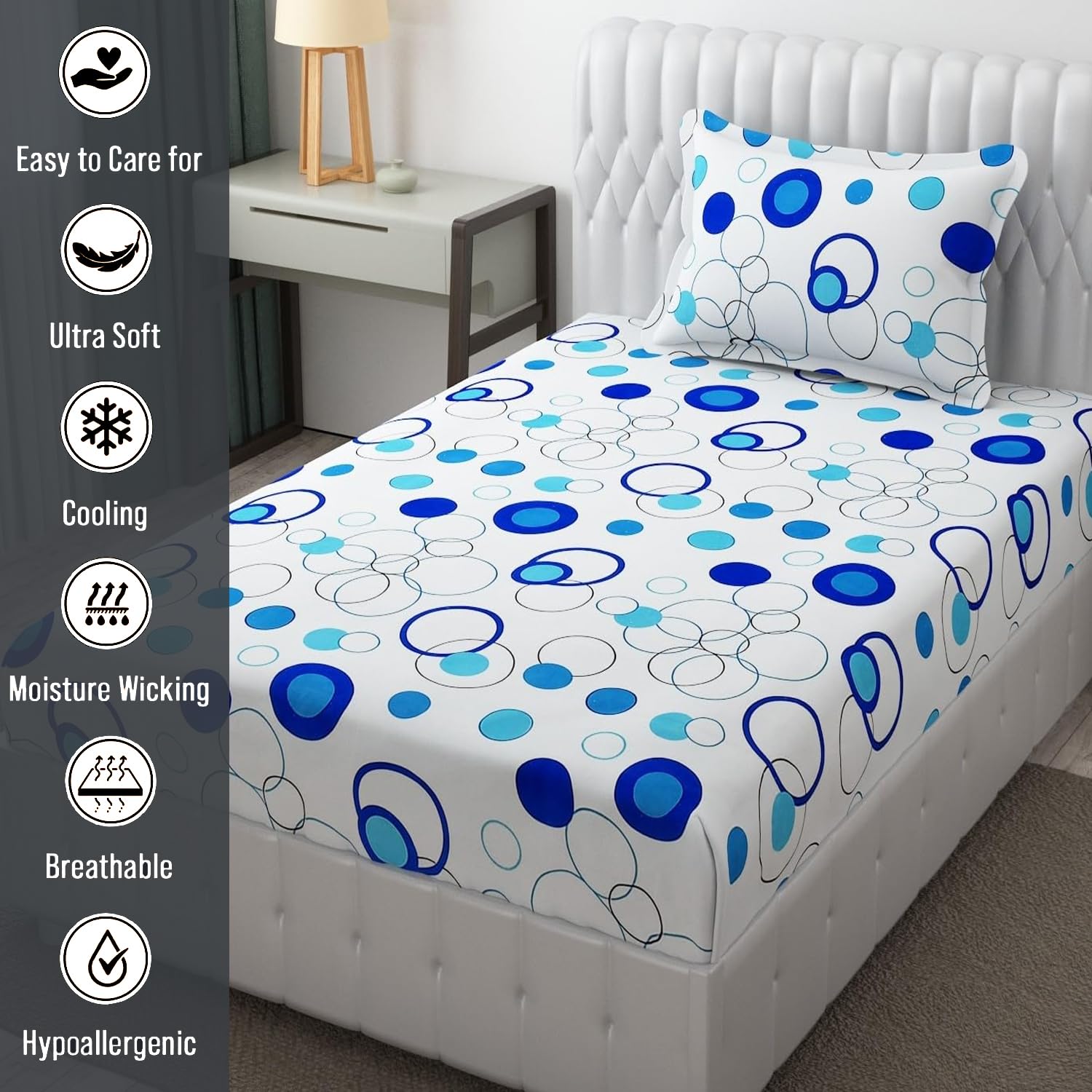 Microfiber Single Bedsheet Set With 1 Pillow Covers (60 X 90 Inches) White & Blue | Durable & Long-Lasting | 144 Thread Count | Wrinkle Free