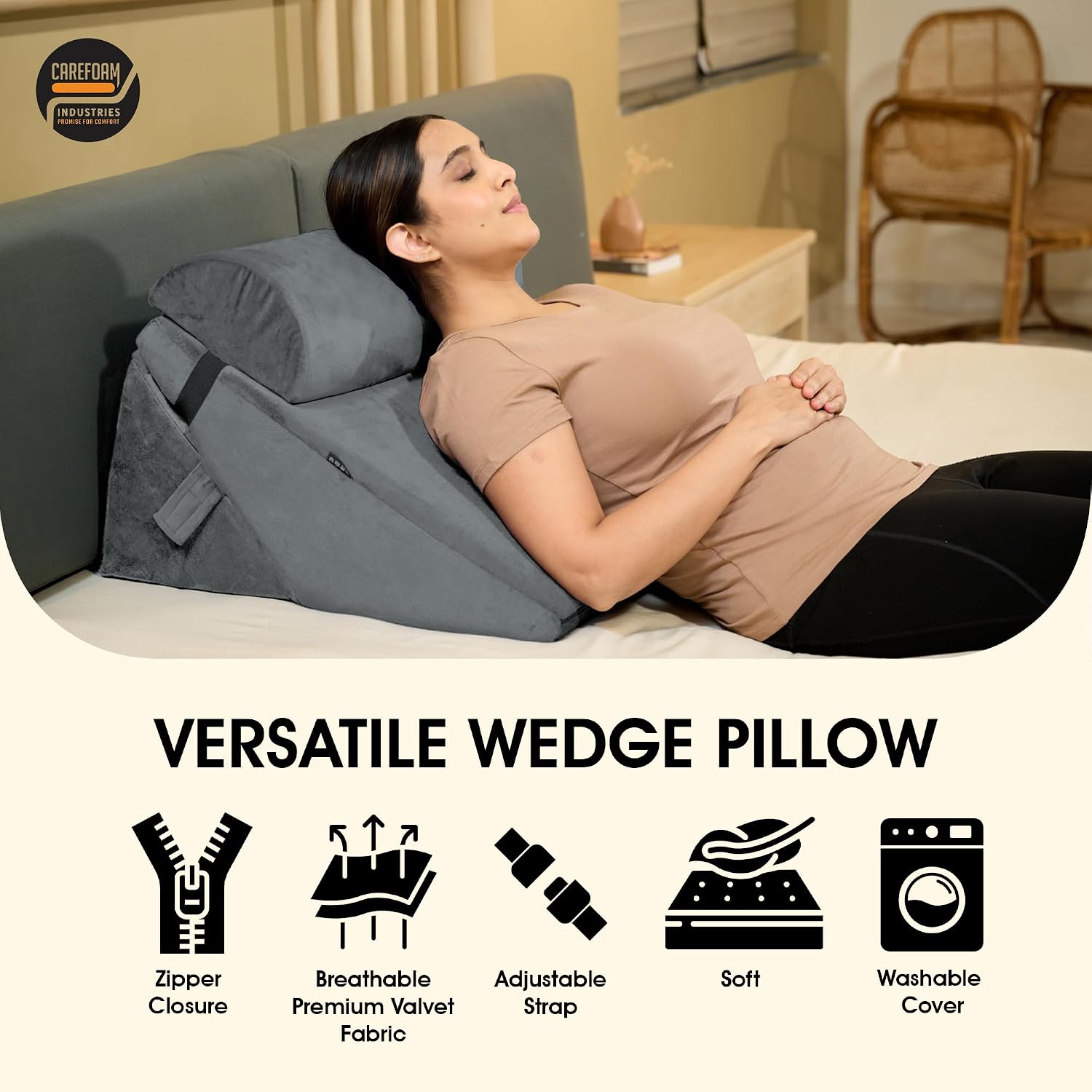 Wedge Pillow For Back Support, Adjustable Wedge Pillow With Headrest, Velvet Grey - 22 X 22 X 12 Inch | Memory Foam Bed Wedge Pillow For Sleeping | Acid Reflux, Gerd, Snoring, Resting