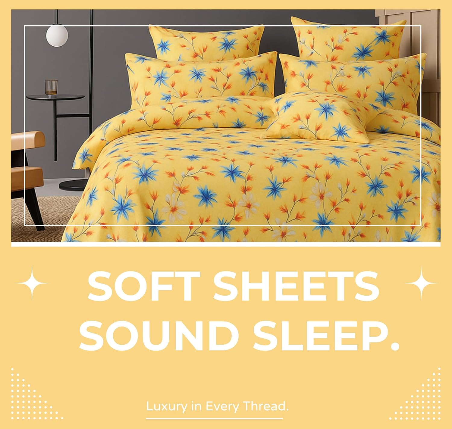 Cotton Double Bedsheets King Size With 2 Pillow Covers | Size 78 X 72+10 Inches, Beige & Blue-All Around Elastic Fitted Design Bedsheet