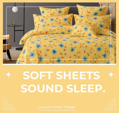 Cotton Double Bedsheets King Size With 2 Pillow Covers | Size 78 X 72+10 Inches, Beige & Blue-All Around Elastic Fitted Design Bedsheet