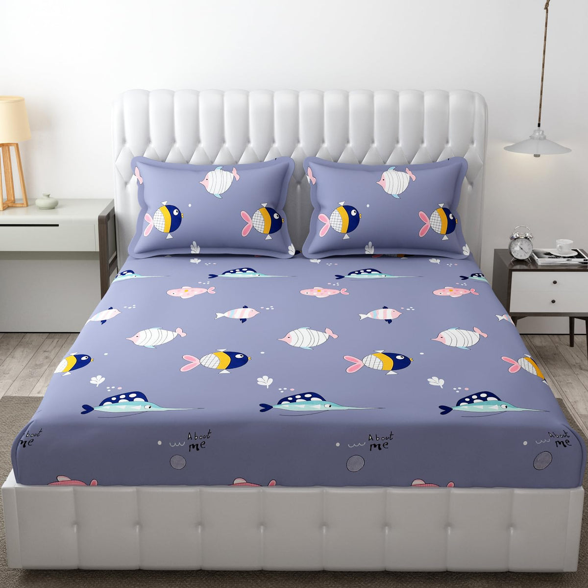 Wrinkle Free Soft Kids Double Bedsheets For King Size With 2 Pillow Cover | 90 X 95 Inches, Light Blue | Cartoon Printed Design | Child Bedroom Decor