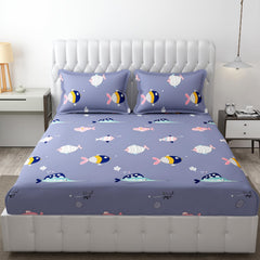 Wrinkle Free Soft Kids Double Bedsheets For King Size With 2 Pillow Cover | 90 X 95 Inches, Light Blue | Cartoon Printed Design | Child Bedroom Decor