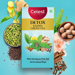 Celest Detox Kahwa Green Tea With Himalayan Pink Salt - Pack Of 4 X 36 Enveloped Tea Bags | Perfect Weight Loss Green Tea With Herbal Goodness - Mixed Herbs & Spices