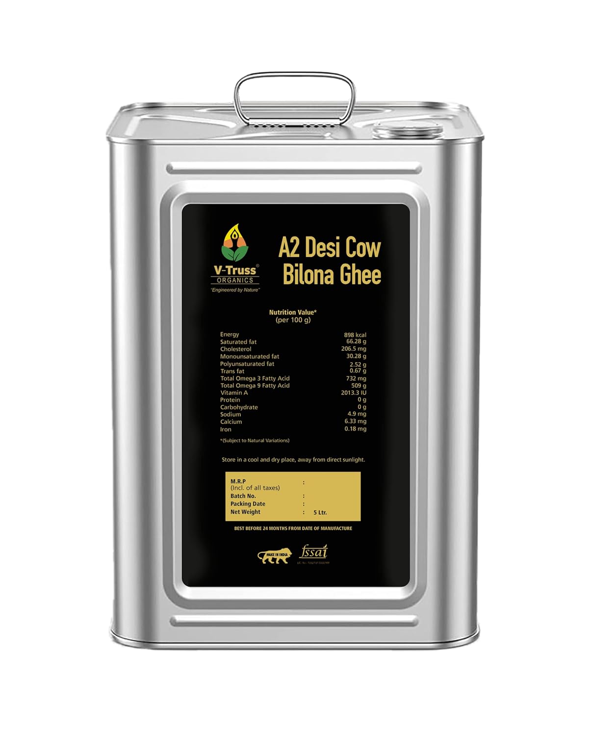 Premium A2 Pure Desi Cow Bilona Ghee By V - Truss Organics | Traditional Vedic Bilona Method Healthy Desi Cow Ghee Perfect For Cooking & Sweets | (5 Litre) 169.0 Ounce | Tin Pack