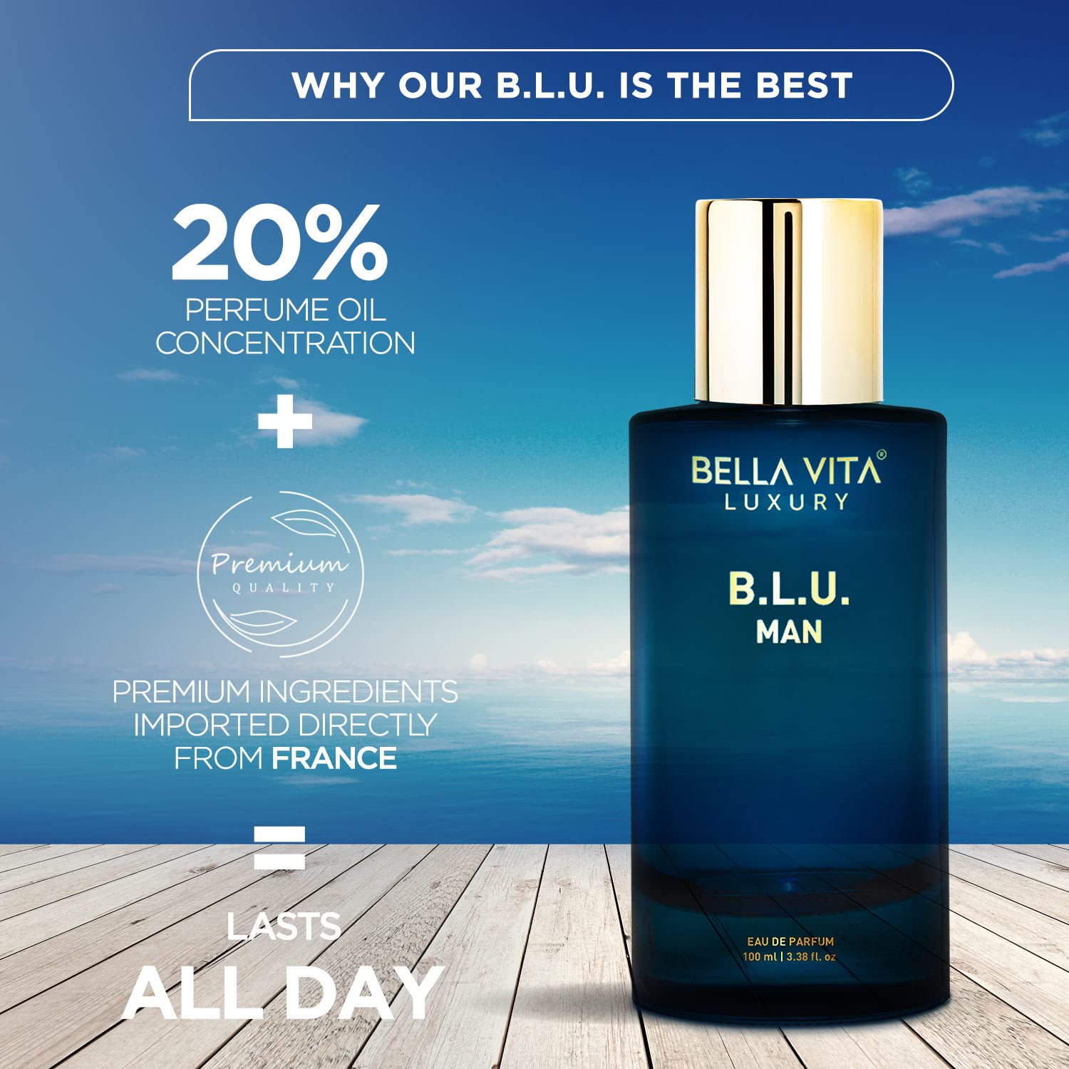 Bella Vita Luxury B.L.U. Man Eau De Parfum 100ml 3.4 Fl.oz. Long Lasting | Gift For Husband