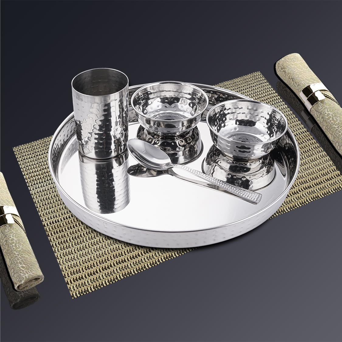 High Grade Stainless Steel Komcha Hammered Thali Set Of 5, Silver - Mirror Finish | 1 Hammered Thali+ 2 Bowls+ 1 Glass+ 1 Dessert Spoon