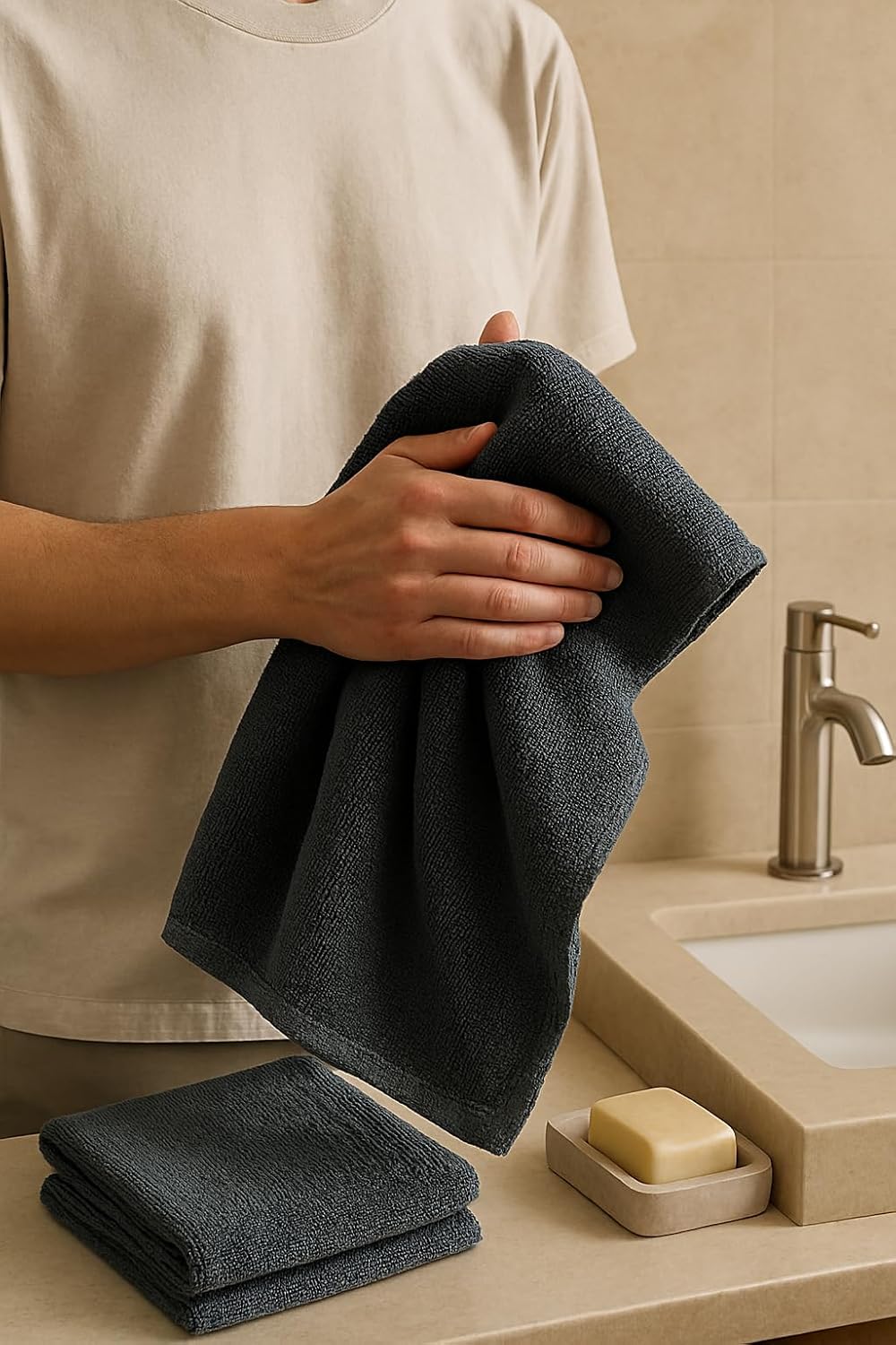 Freshshine Hand Towel 600 Gsm | Super Soft Quick Dry Microfiber Face Towel Napkins For Wash Basin Gym Sports Travel - Grey (Set Of 4)