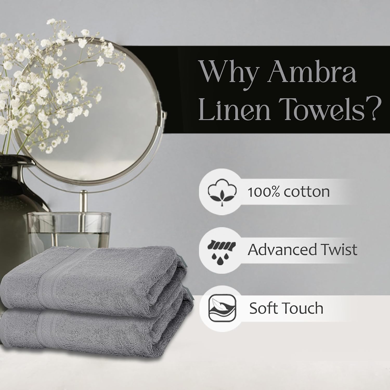 Ambra Linens Highly Absorbent Towels Set, 500 Gsm | 100% Cotton Soft And Plush All Seasons Use, Large Everyday Use, Durable (2 Pieces) | Light Grey