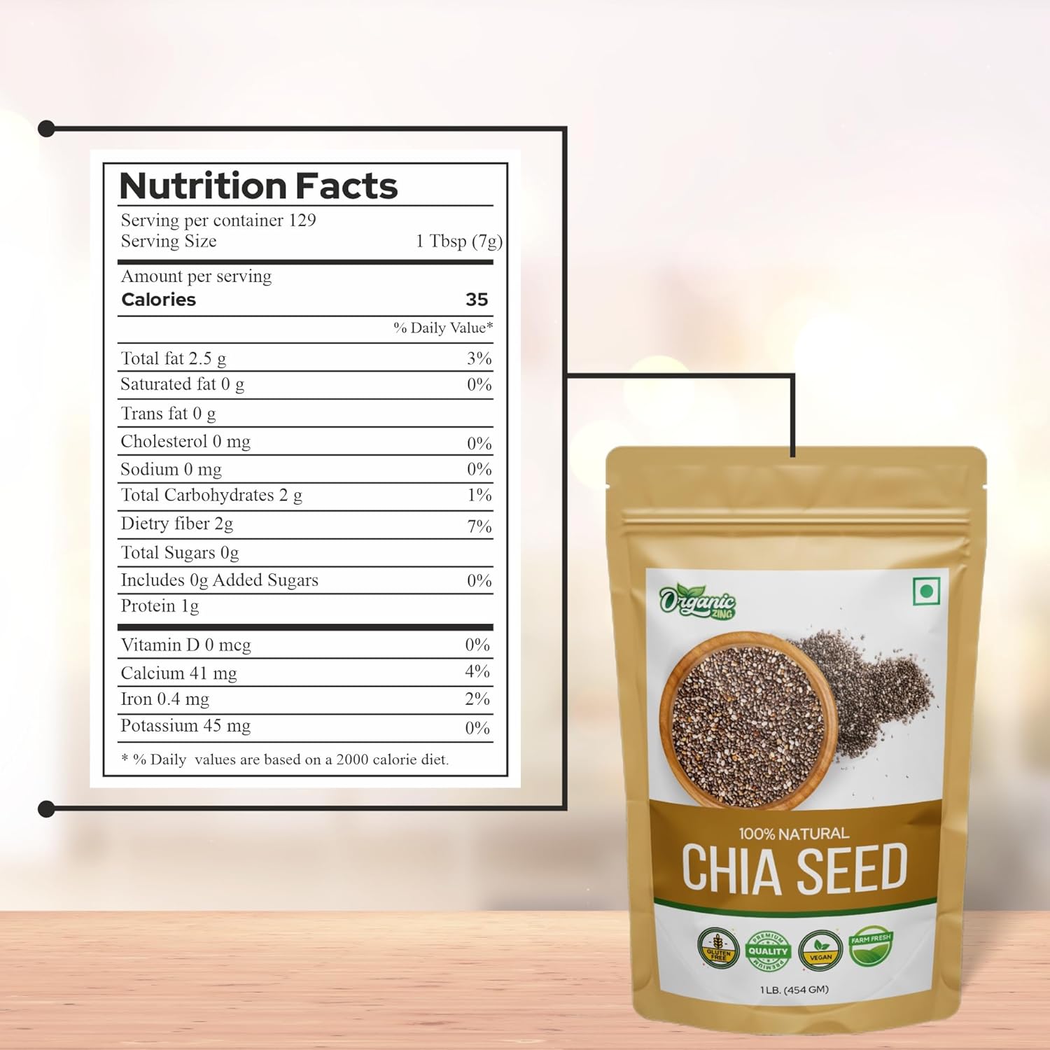 Organic Zing Chia Seeds Plant Based Omegas 3 & Protein, Perfect For Smoothies, Salads & Chia Puddings | 454gm 1lbs