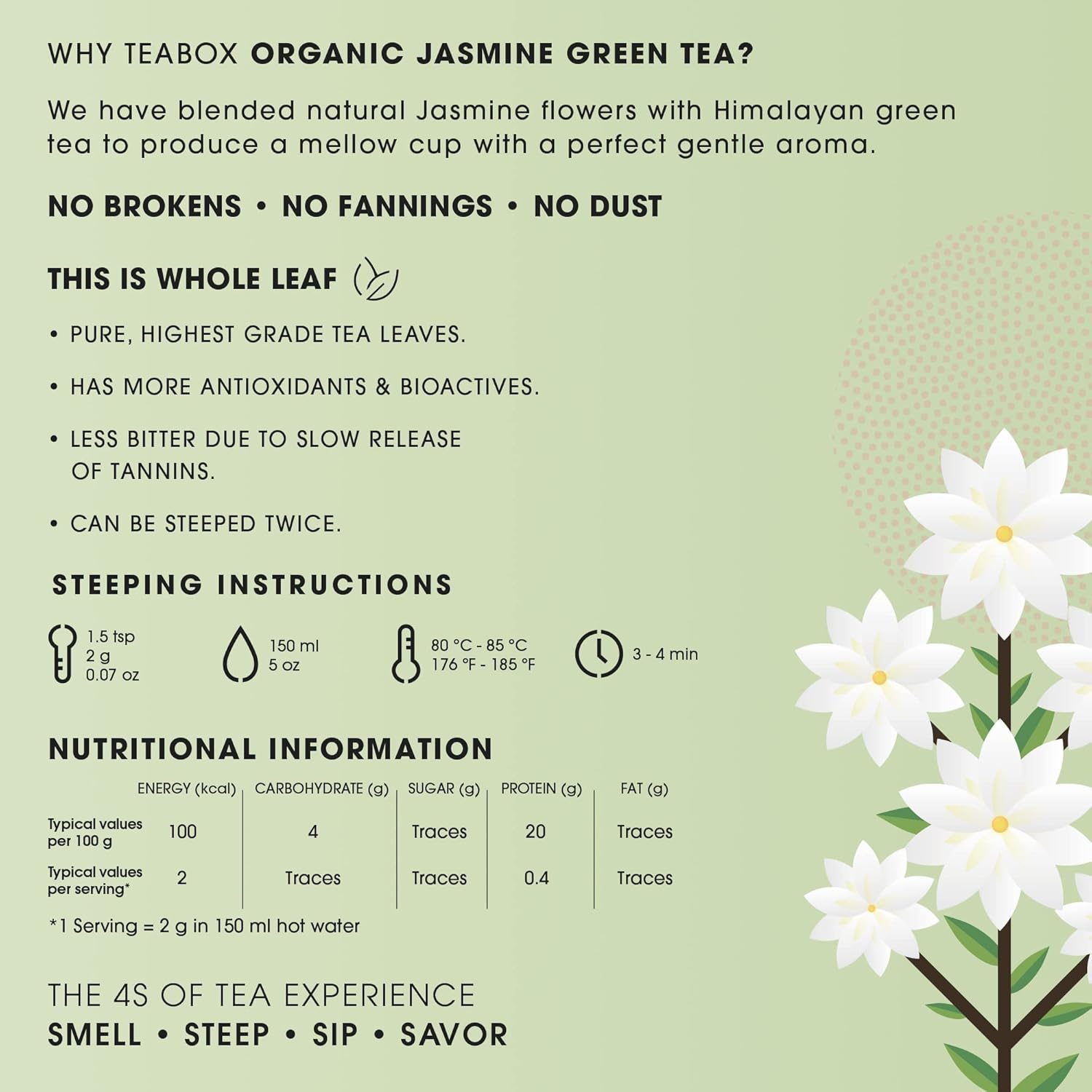 Teabox Jasmine Green Tea - 100gm, 3.5 Ounce | Made With 100% Whole Leaf - Natural Jasmine Flowers Sourced From Madurai | Low Caffeine, 0% Bitterness