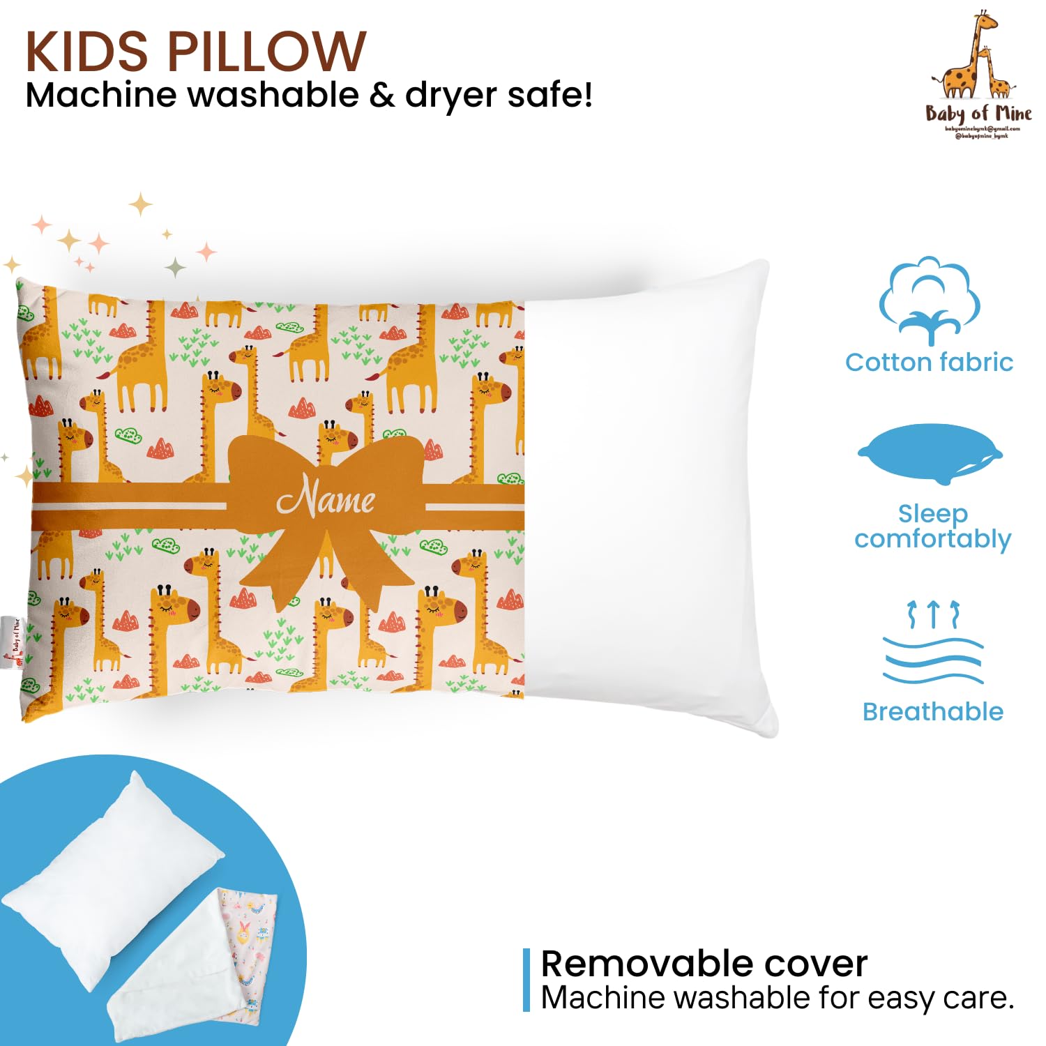Personalized Pillow For Kids, Super Soft Cotton Kids Cushion - 12 X 18 Inches | Custom Name, For 5 Years Old Kids, Adorable Prints | For Head, Neck Support Baby Pillow - Pillow 04