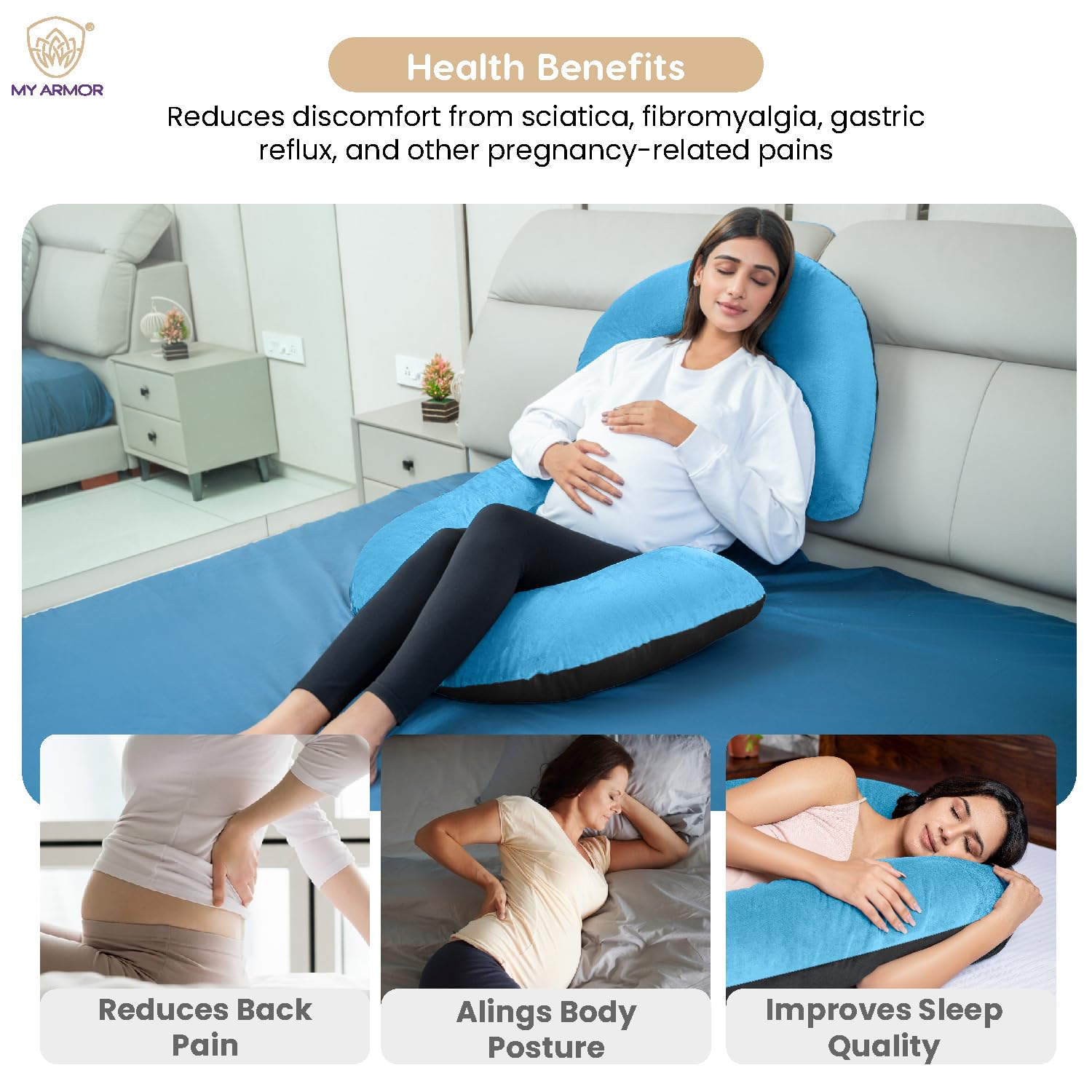 Full Body C Shape Pregnancy Pillow For Women, Maternity Pillow, Black & Sky Blue | Pillow Gift For Pregnancy Sleeping, Premium Velvet Cover With Zip | Adjustable, Relieves Pain, Multipurpose