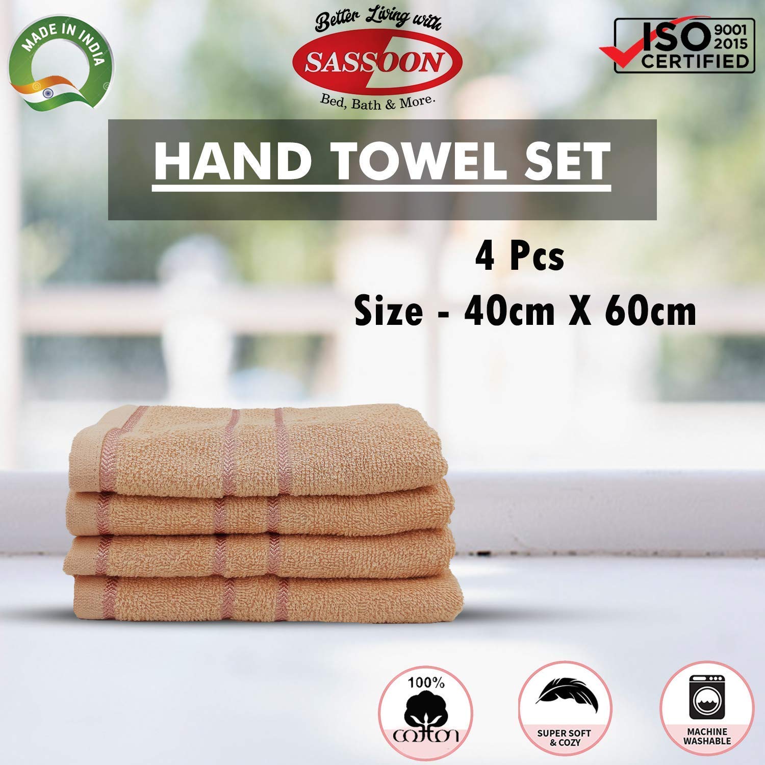 Sassoon Melrose 100% Cotton Hand Towel 800 Gsm | Highly Absorbent, Soft Material Perfect For Daily Use (Clay) -4 Piece