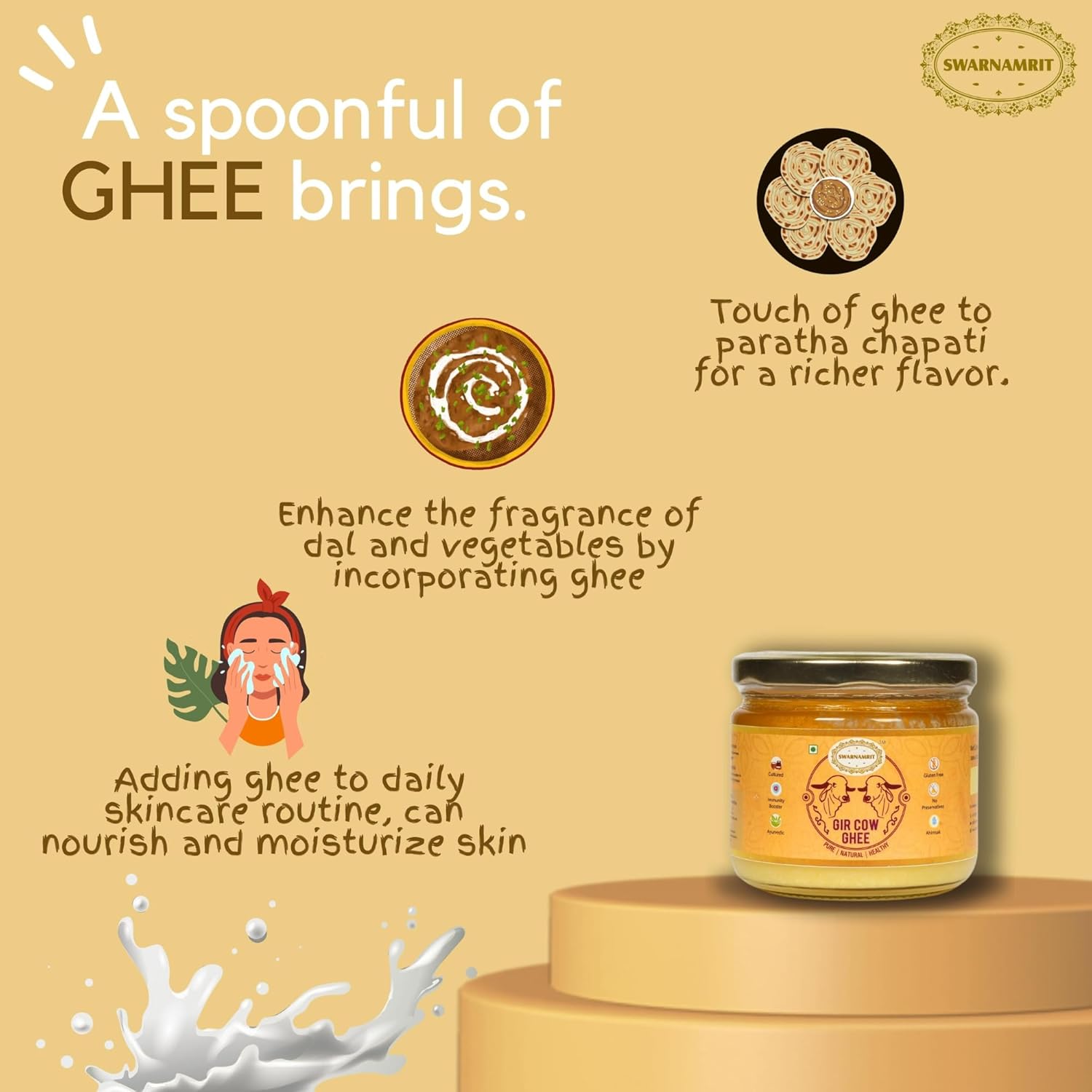 100% Natural A2 Bilona Gir Cow Ghee By Swarnamrit | Traditional Bilona Method Healthy Pure Desi Ghee For Boost Immunity | (300ml) 10.1 Ounce | Jar Pack