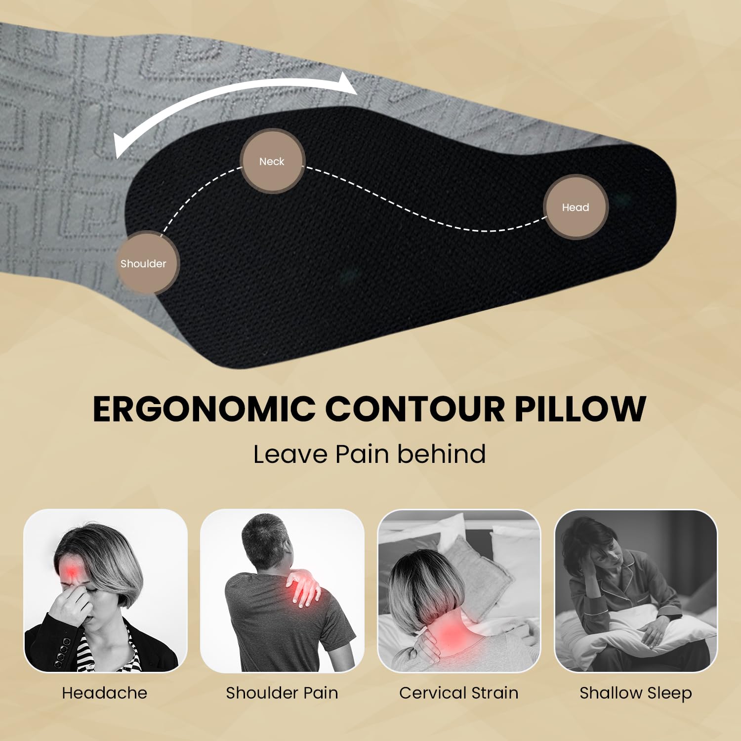 Cervical Contour Orthopedic Pillow For Neck & Shoulder Pain Relief, Grey & Black | Memory Foam Pillows For Sleeping Improves Posture, Cervical Pillow For Neck Pain - Pack Of 1