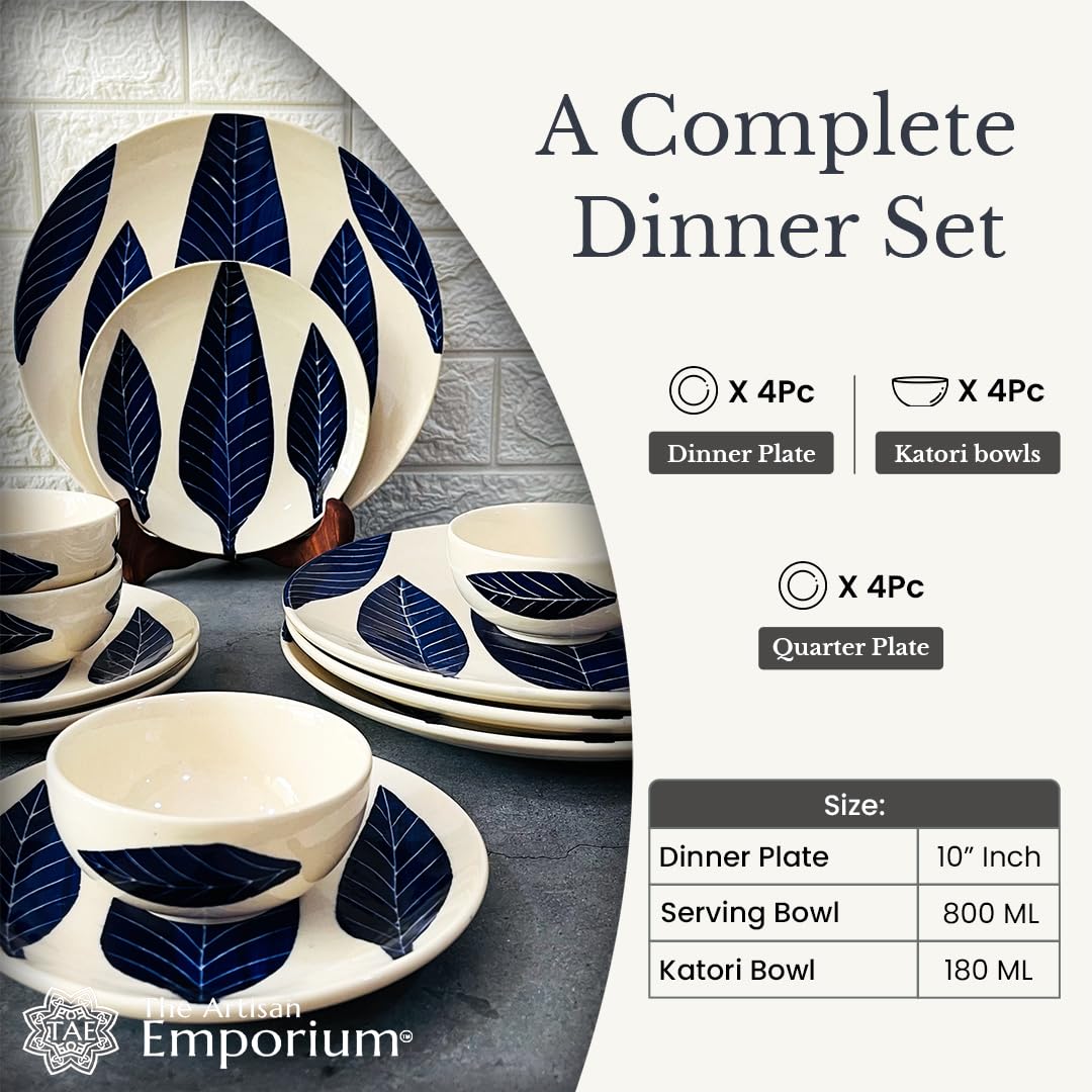 Patram Hand Painted Ceramic Dinner Set - 12 Pieces, White & Blue | 4 Dinner Plates + 4 Katori Bowls, 180ml Each+ 4 Quarter Plates Dinnerware Set | Serving For 4, Microwave Safe