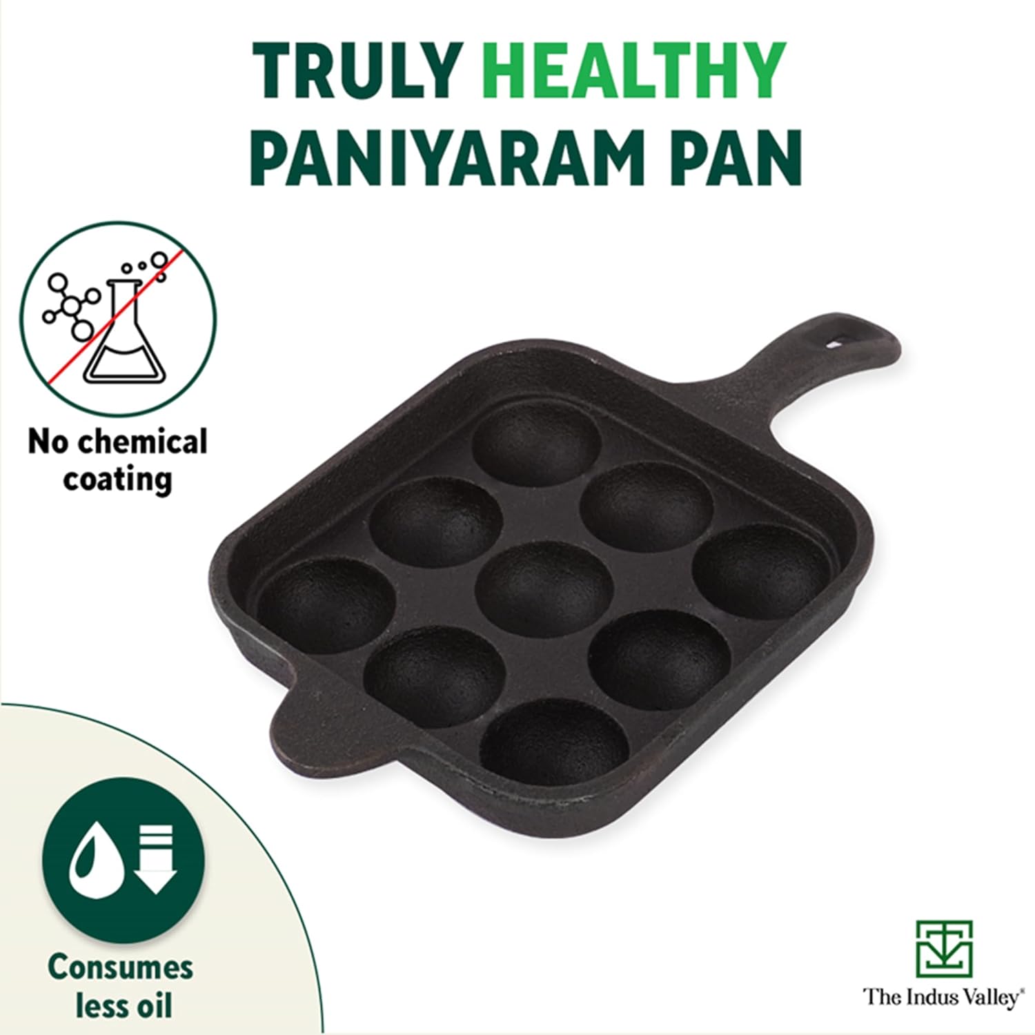 Pre-Seasoned Black Square Cast Iron Paniyaram Pan With Long Handle - 9 Pits, 18cm, 7 Inch, 2.4 Kg | Induction Friendly, Pre-Seasoned Paddu Pan, 100% Pure & Toxin-Free, No Chemical Coating