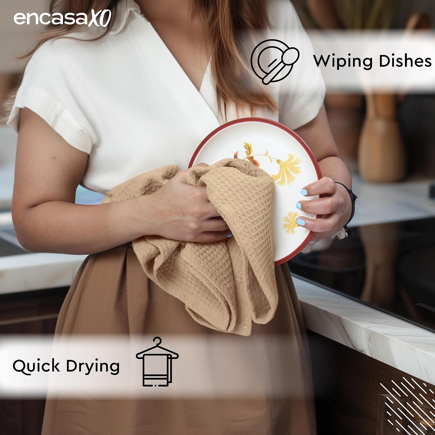 Encasa Xo Kitchen Dish Towels Set 200 Gsm | Waffle Weave & Flat Hand Tea Towel | Quick Drying Reusable Cotton Washcloths | Set Of 4 (Beige)