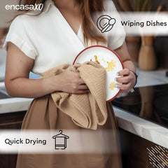Encasa Xo Kitchen Dish Towels Set 200 Gsm | Waffle Weave & Flat Hand Tea Towel | Quick Drying Reusable Cotton Washcloths | Set Of 4 (Beige)