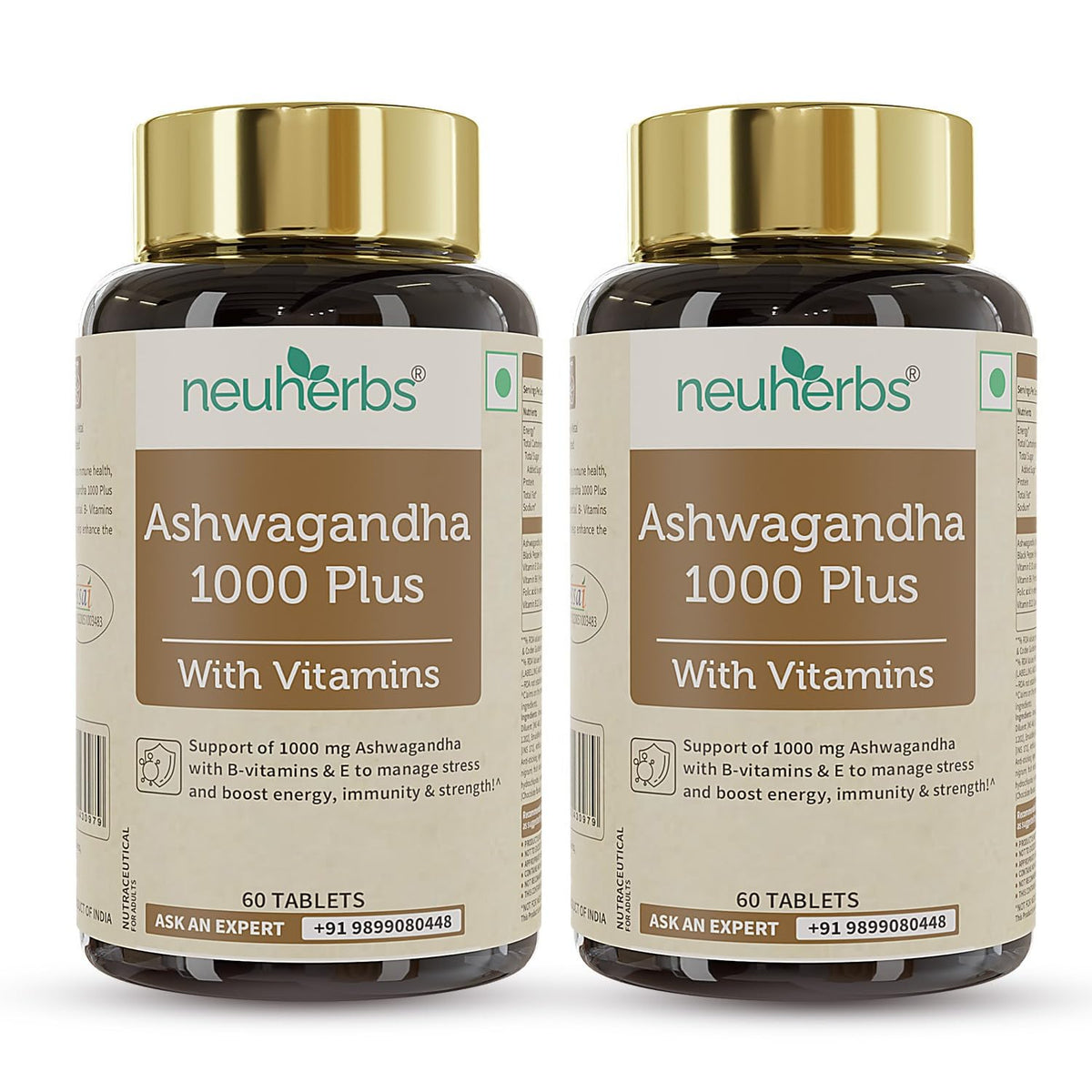 Neuherbs Ashwagandha 1000 Plus Manage Anxiety & Stress Relief Enhanced Absorption & Antioxidants Rich With Vitamin E & B - Complex , Immunity Booster | 60 Tablets 100gm 0.2lbs Each Pack Of 2