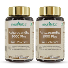 Neuherbs Ashwagandha 1000 Plus Manage Anxiety & Stress Relief Enhanced Absorption & Antioxidants Rich With Vitamin E & B - Complex , Immunity Booster | 60 Tablets 100gm 0.2lbs Each Pack Of 2