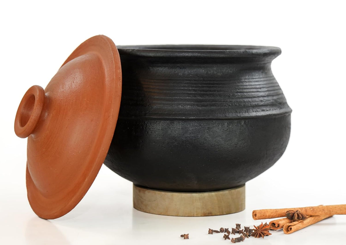 Deep Burned Uncoated Clay Rice Pot With Lid Or Mitti Handi With 2 Wooden Spatulas Complimentary For Cooking & Serving - Black, 1 Liter | Pre-Seasoned Mud Pot - Unglazed, Double Fired, Hand Crafted