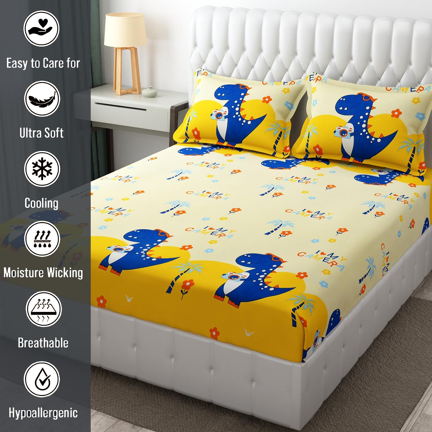 Wrinkle Free Soft Kids Double Bedsheets For King Size With 2 Pillow Cover | 90 X 95 Inches, Cream & Yellow | Cartoon Printed Design | Child Bedroom Decor