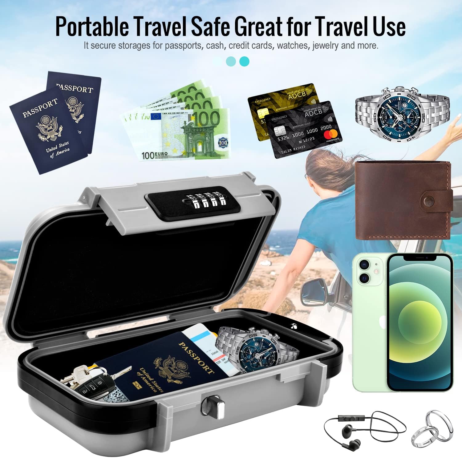 Cash Box With Combination Lock, Portable Safe Money Case With Handle & Cable, Security Lock Box, Colour - Silver, Special Feature - Portable