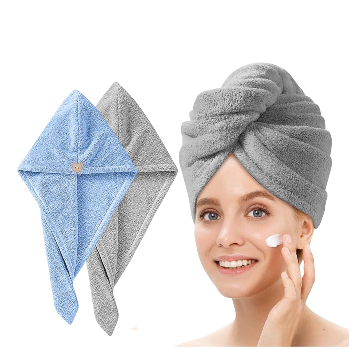 Fezora Hair Towel Wrap For Women (Pack Of 2) | Quick-Dry Microfiber Hair Turban With Elastic Loop | Super Absorbent Hair Drying Towel For Ladies & Girls (Sky & Grey)