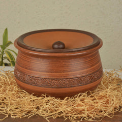 Handcrafted Earthenware Clay Handi Or Pot With Lid For Cooking & Serving - Brown, 2 Liters | Clay Dahi Handi, Mathni - Clay Handi For Gas Cooking