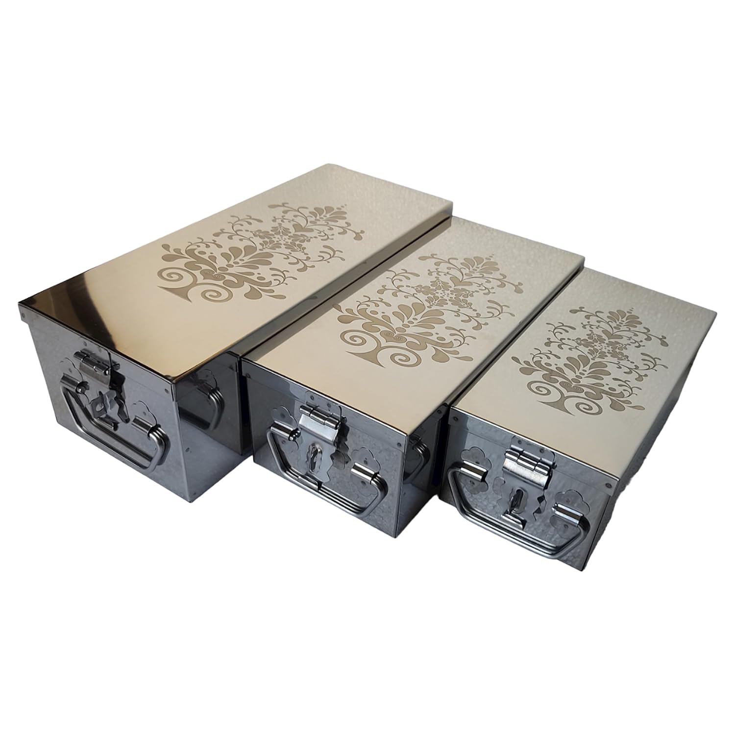 Stainless Steel Safe Locker Boxes For Cash Peti Pooja Jewellery Set Box, Pack Of 3, Size - 8 Inch, 10 Inch, 12 Inch With Laser Printed Tree Design, Special Feature - Portable