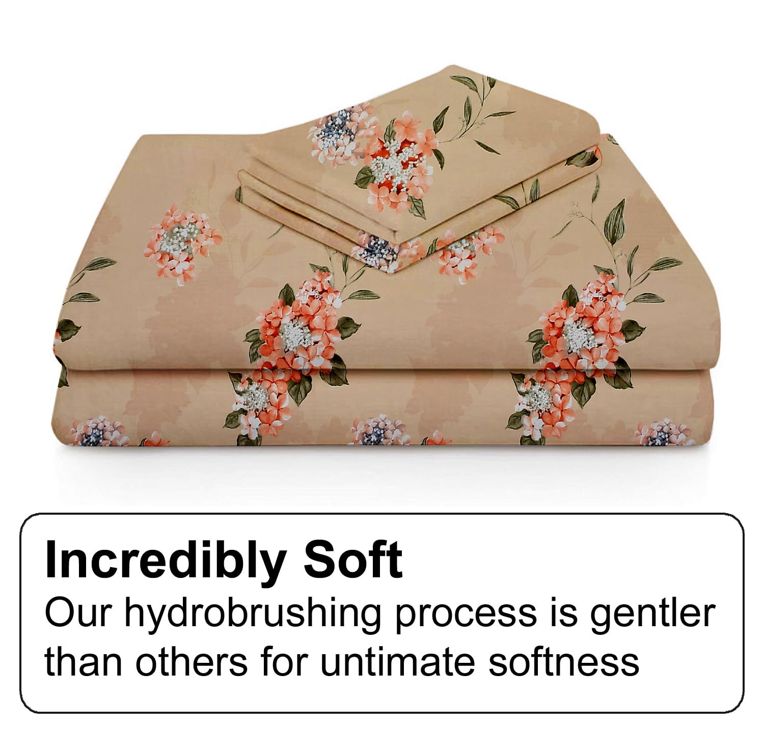 1 Elastic Fitted Bedsheet For King Size & 2 Pillow Covers - 78 X 72 Inches, Beige | Elegant Floral Print Design & Skin-Friendly