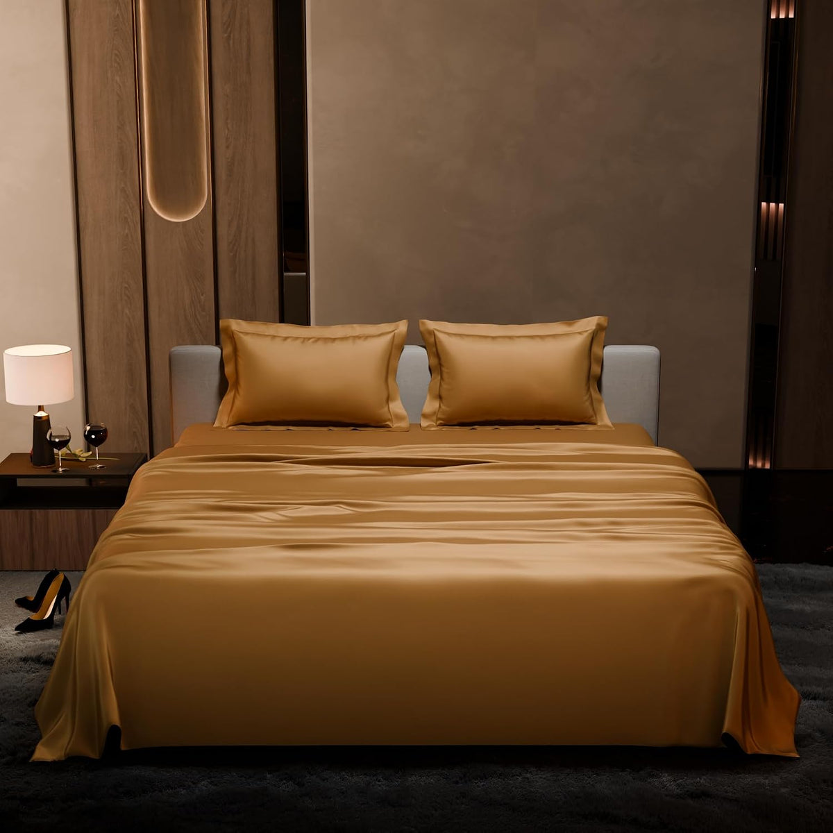 Double Bedsheet With 2 Pillow Covers - 90 X 100 Inches, Gold | Ultra Satin Premium Bedding Set | Gift For Couples, Wedding, Anniversary, Date Night