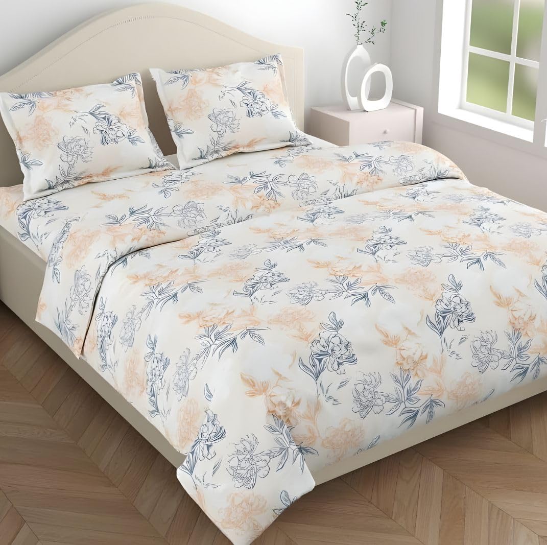 Flat Bedsheet Queen Size Bed With 2 Pillow Covers - 100 X 90 Inches, Peach & Grey | Soft, Breathable & Durable | Skin-Friendly & Durable