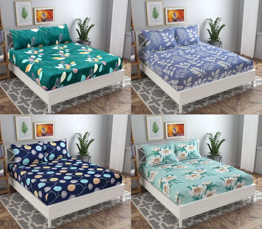 Combo Pack Of 4 Double Bedsheets With 8 Pillow Covers - 85 X 86 Inches, Multicolor | 160 TC Soft Brushed Microfiber - Long Lasting & Wrinkle Free