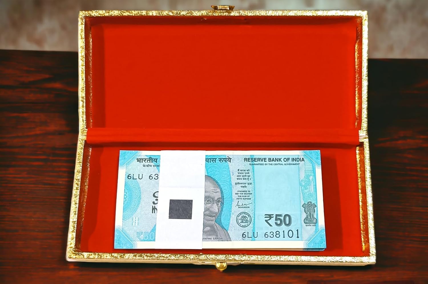 Premium Decorative Designer Mdf Gifting Cash Box Shagun & Jewellery Box For Weddings, Pattern - Golden Common, Material - Wood