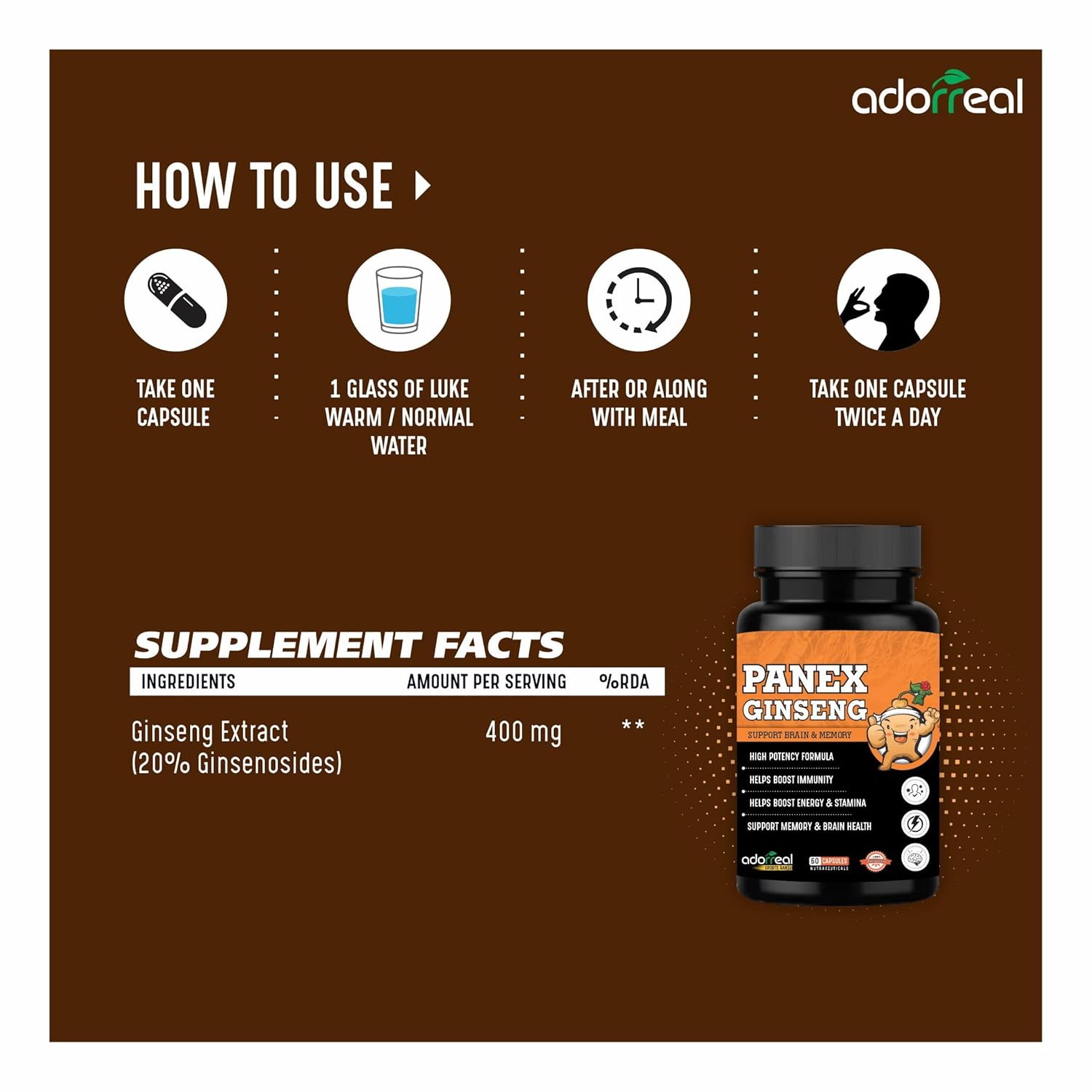 Adorreal Panex Ginseng High Potency Formula, Supports Brain & Memory, Boosts Immunity & Energy | 60 Capsules 100gm 0.2lbs