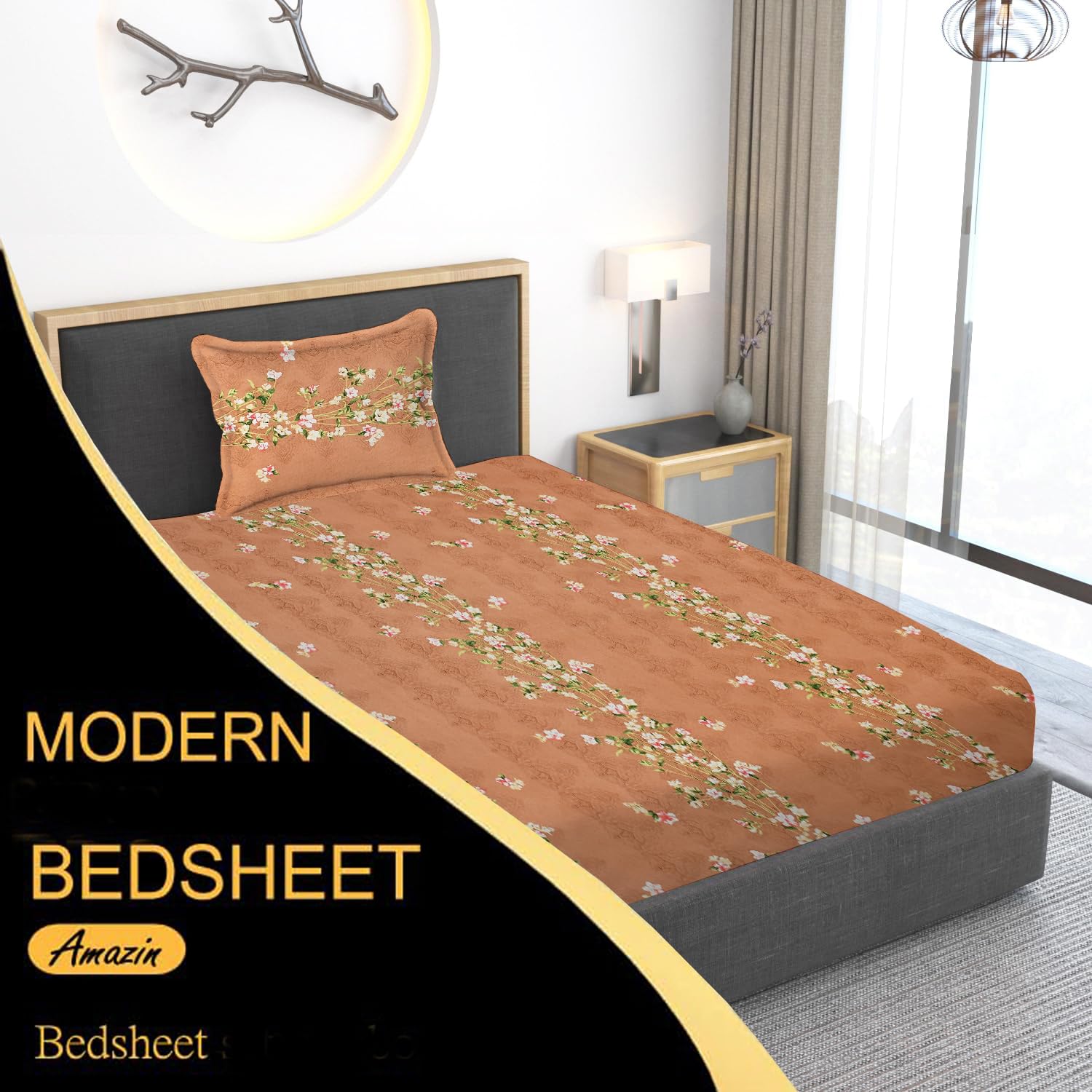 180 TC Print Cotton 1 Single Bedsheet With 1 Pillow Cover - 60 X 90 Inches, Brown & White | Soft & Breathable Fabric, Skin-Friendly Bed Sheet For All Seasons