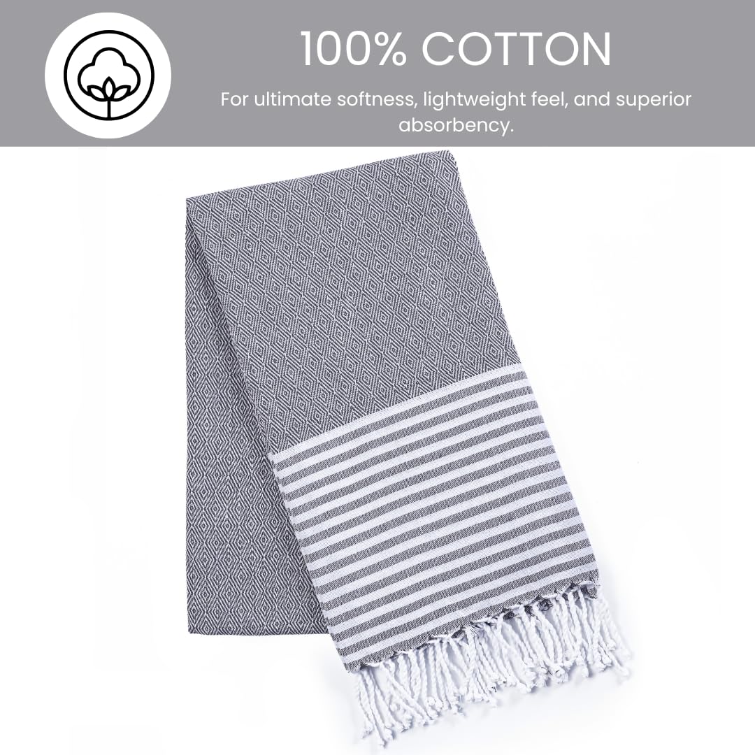 Destin Home Turkish Peshtemal Beach Towels 2 Kg | Cotton Soft, Lightweight, Quick-Drying & Absorbent For Beach Pool Spa Picnic Travel (Charcoal Grey)- Set Of 6