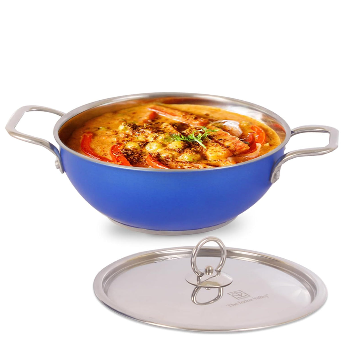 Coloured Stainless Steel Kadai With Steel Lid - Blue, Medium 23cm, 9 Inch, 2.1 Liters, 0.9 Kg | Induction Friendly, Nonstick 3-Layer Bottom, 100% Pure & Toxin-Free, No Chemical Coating