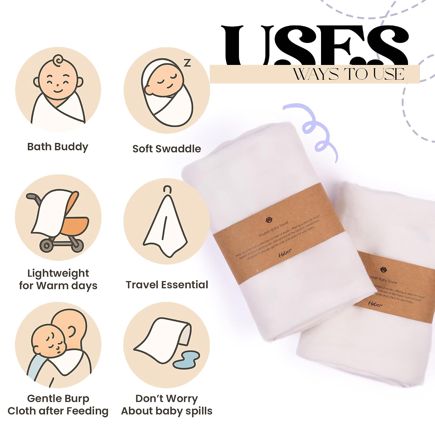 Haber Traditional Baby Muslin Bath Towel 160 Gsm | Organic Indian Cotton 4 Layer, Eco-Conscious & Safe Printed Cloth (White)- Pack Of 2