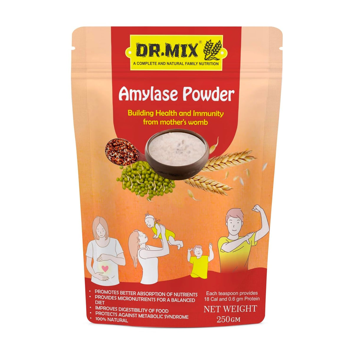 Dr. Mix Nutritious Amylase Powder, Contains Enzymes & Probiotics, Improves Digestion, Increase Absorption Of Nutrients, Decreases Thickness Of Food | 250gm 0.5lbs