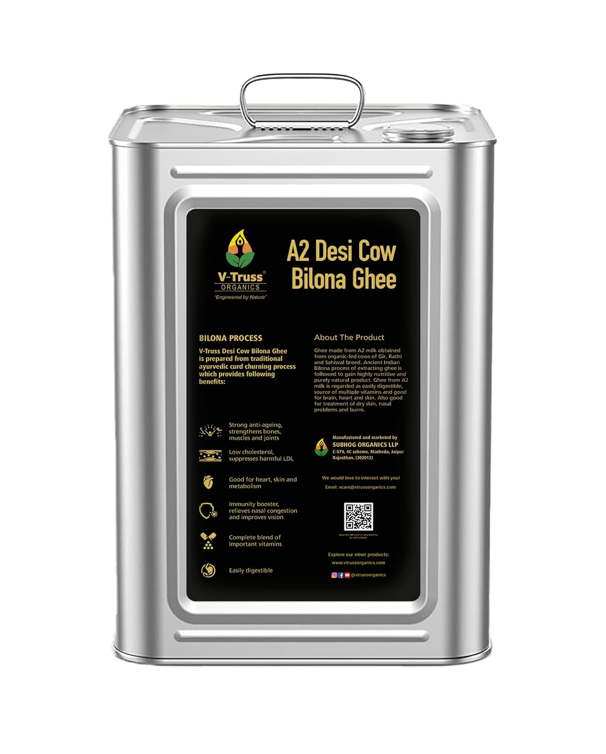 Premium A2 Pure Desi Cow Bilona Ghee By V - Truss Organics | Traditional Vedic Bilona Method Healthy Desi Cow Ghee Perfect For Cooking & Sweets | (5 Litre) 169.0 Ounce | Tin Pack