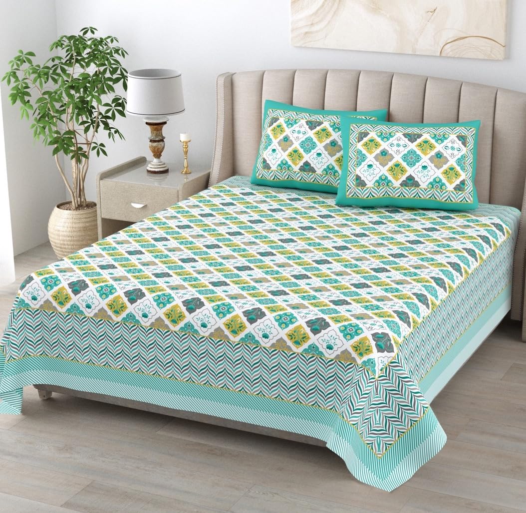 Pure Cotton Double Bedsheet For King Size With 2 Pillow Covers | 90 X 108 Inches, Sea Green & White | Ultra-Soft & Skin-Safe | Breathable Summer Comfort