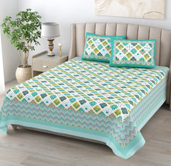 Pure Cotton Double Bedsheet For King Size With 2 Pillow Covers | 90 X 108 Inches, Sea Green & White | Ultra-Soft & Skin-Safe | Breathable Summer Comfort