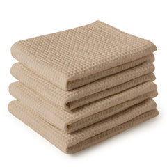 Encasa Xo Kitchen Dish Towels Set 200 Gsm | Waffle Weave & Flat Hand Tea Towel | Quick Drying Reusable Cotton Washcloths | Set Of 4 (Beige)