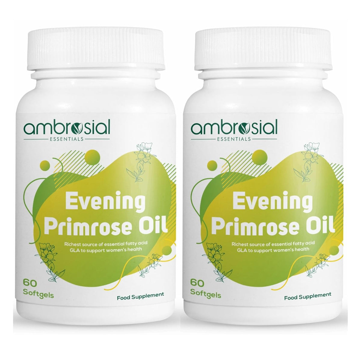 Ambrosial Evening Primrose Oil Epo 1000mg Rich Source Of Omega 6 & Gla | Non - Gmo, Gluten Free No Artificial Preservatives | 60 Softgels 100gm 0.2lbs Each Pack Of 2