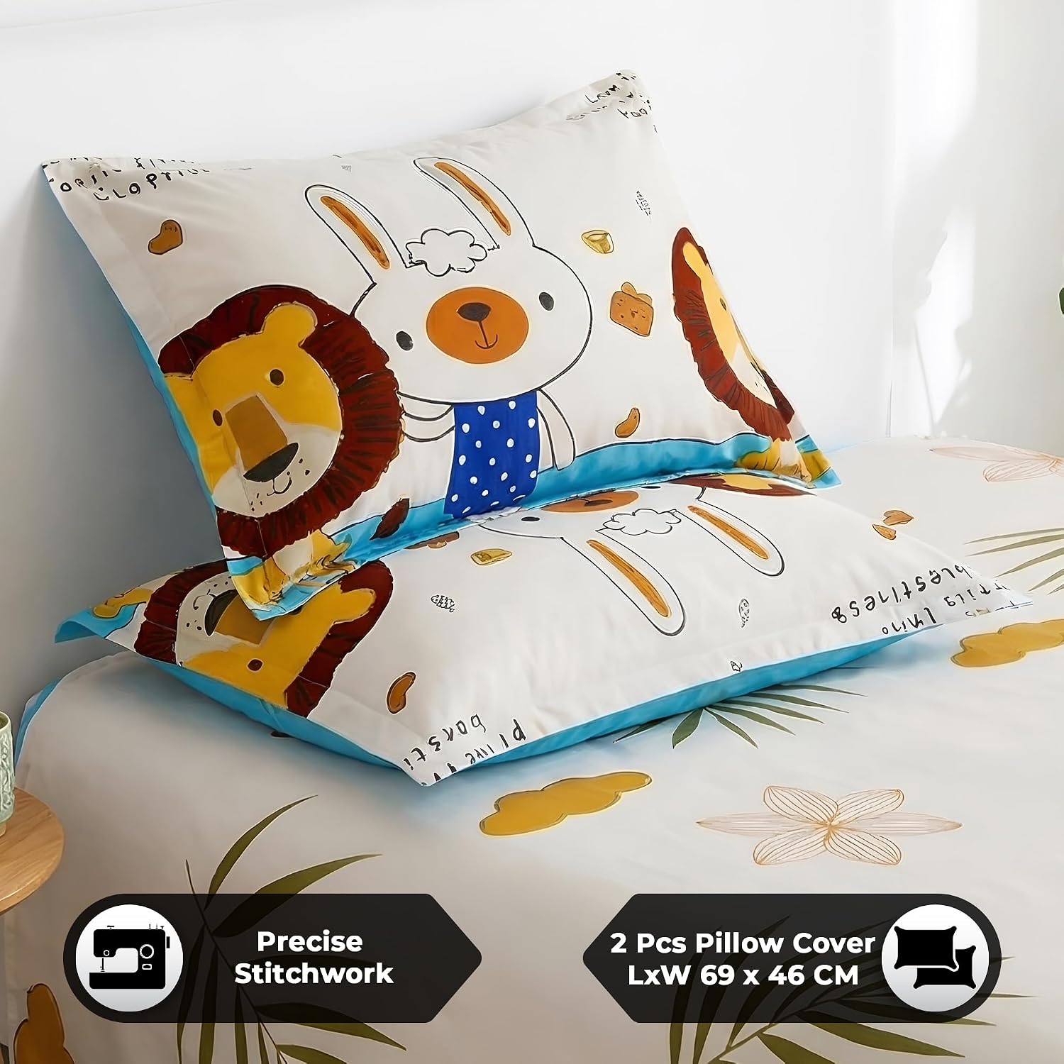 Kids Double Bed Bedsheet Set With 2 Pillow Covers - 88 X 100 Inches, White & Brown | Soft Bedding For Boys & Girls | Cartoon Design