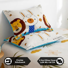 Kids Double Bed Bedsheet Set With 2 Pillow Covers - 88 X 100 Inches, White & Brown | Soft Bedding For Boys & Girls | Cartoon Design