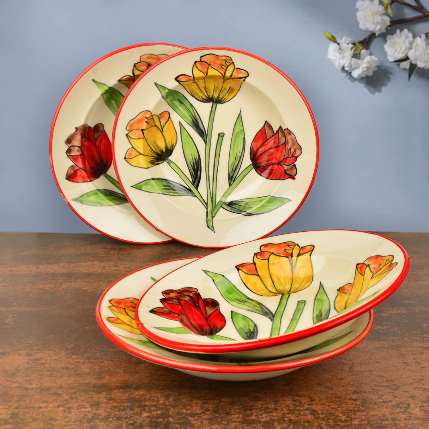 Hand Painted Premium Ceramic Floral Deep Pasta Plates Set Of 4 - Diameter: 9.5 Inches, Multicolor & Off White | Soup Plates - Ceramic Maggi Plates